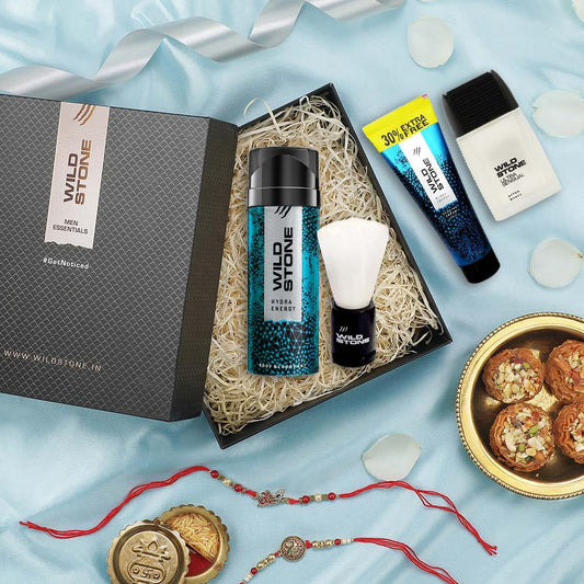 Rakhi Gift Pack for Brother- Hydra Energy Deodorant 150ml, Shaving Cream 78gm, Ultra Sensual After Shave Lotion 50ml and Shaving Brush and with 2 Rakhi