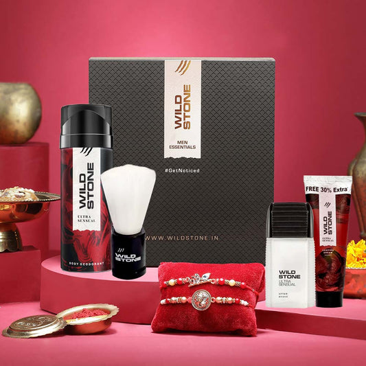 Rakhi Gift Pack for Brother - Ultra Sensual After Shave Lotion 50ml, Deodorant 150ml, Shaving Brush and Cream 78gm with 2 Rakhi